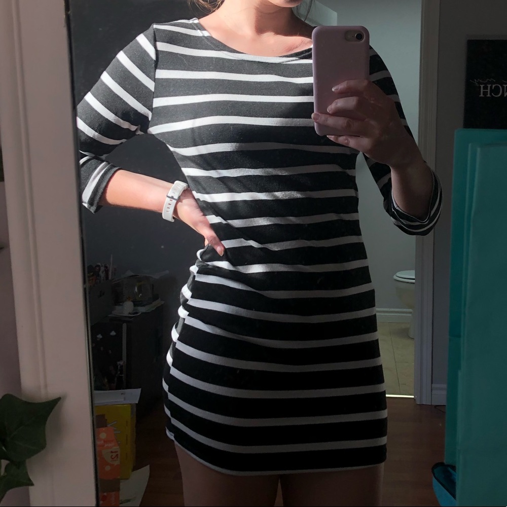 Black and white striped long sleeve mini dress